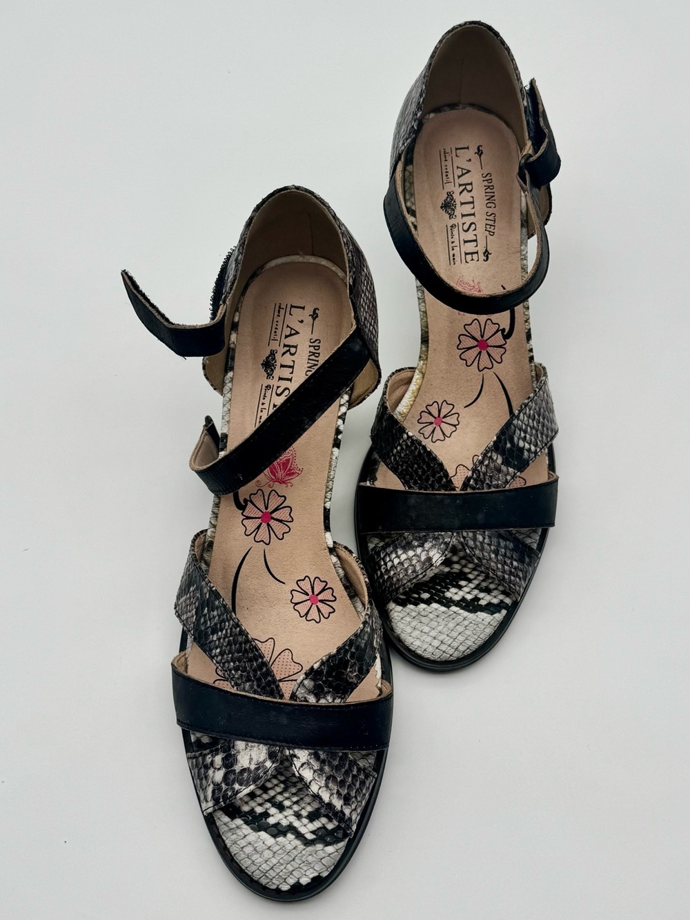 L'ATISTE  GLAMOUR BM 40 Black Snake-Print Ankle-Strap Sandals
